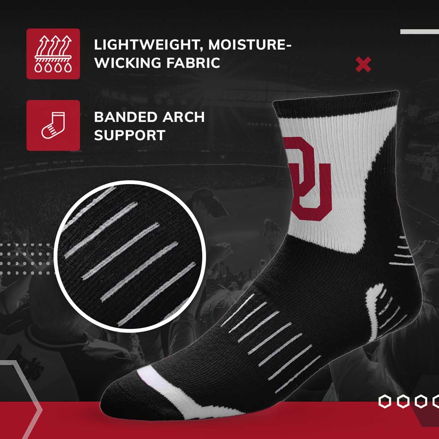Oklahoma Sooners Adult NCAA Surge Quarter Length Crew Socks - Black