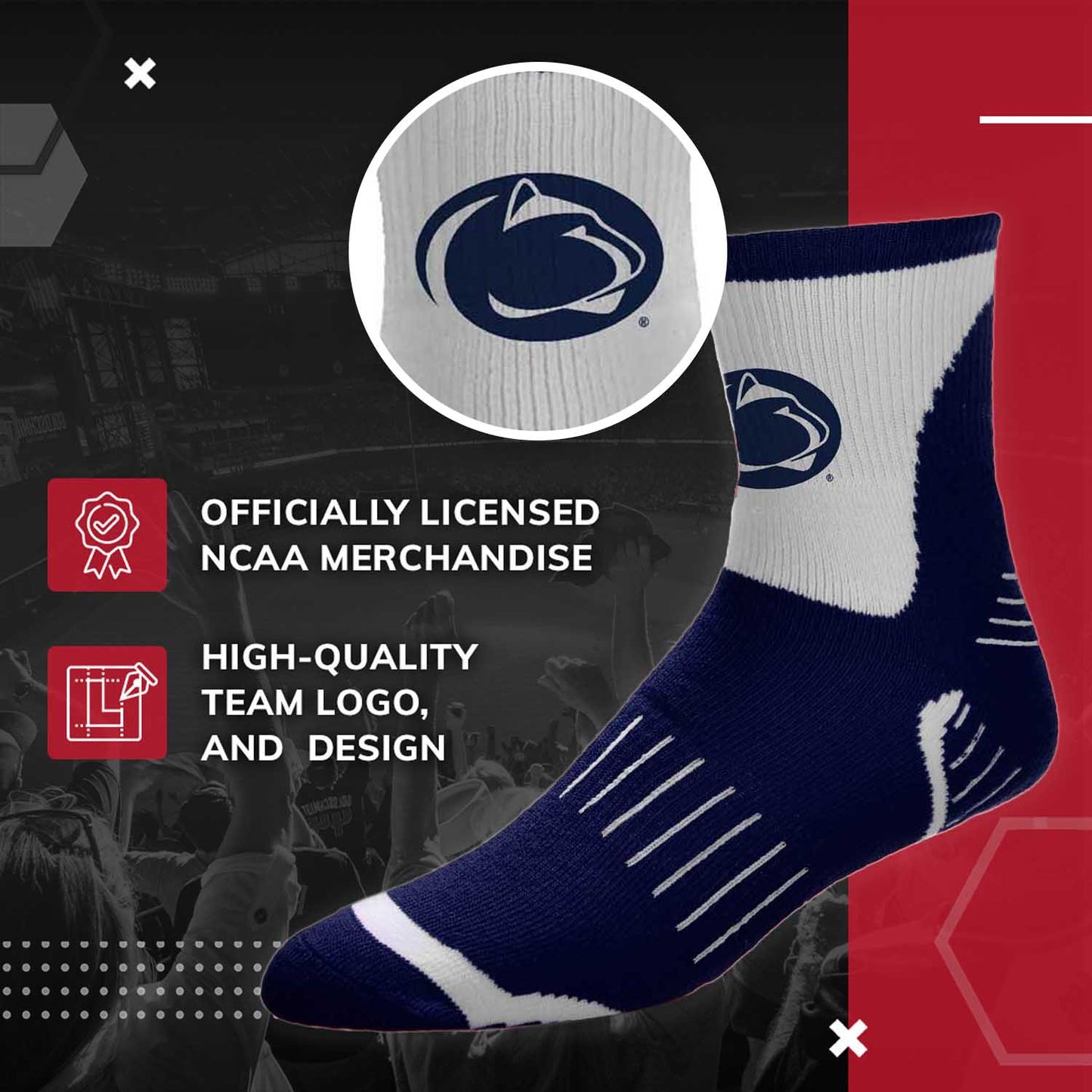 Penn State Nittany Lions Adult NCAA Surge Quarter Length Crew Socks - Navy