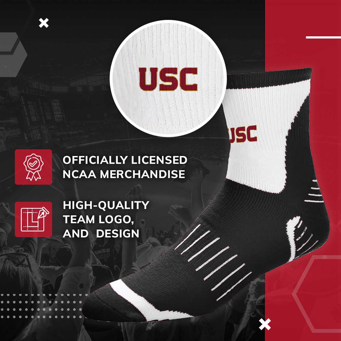 USC Trojans Youth Surge Crew Socks Sports Fan For Boys and Girls with Logo - Black