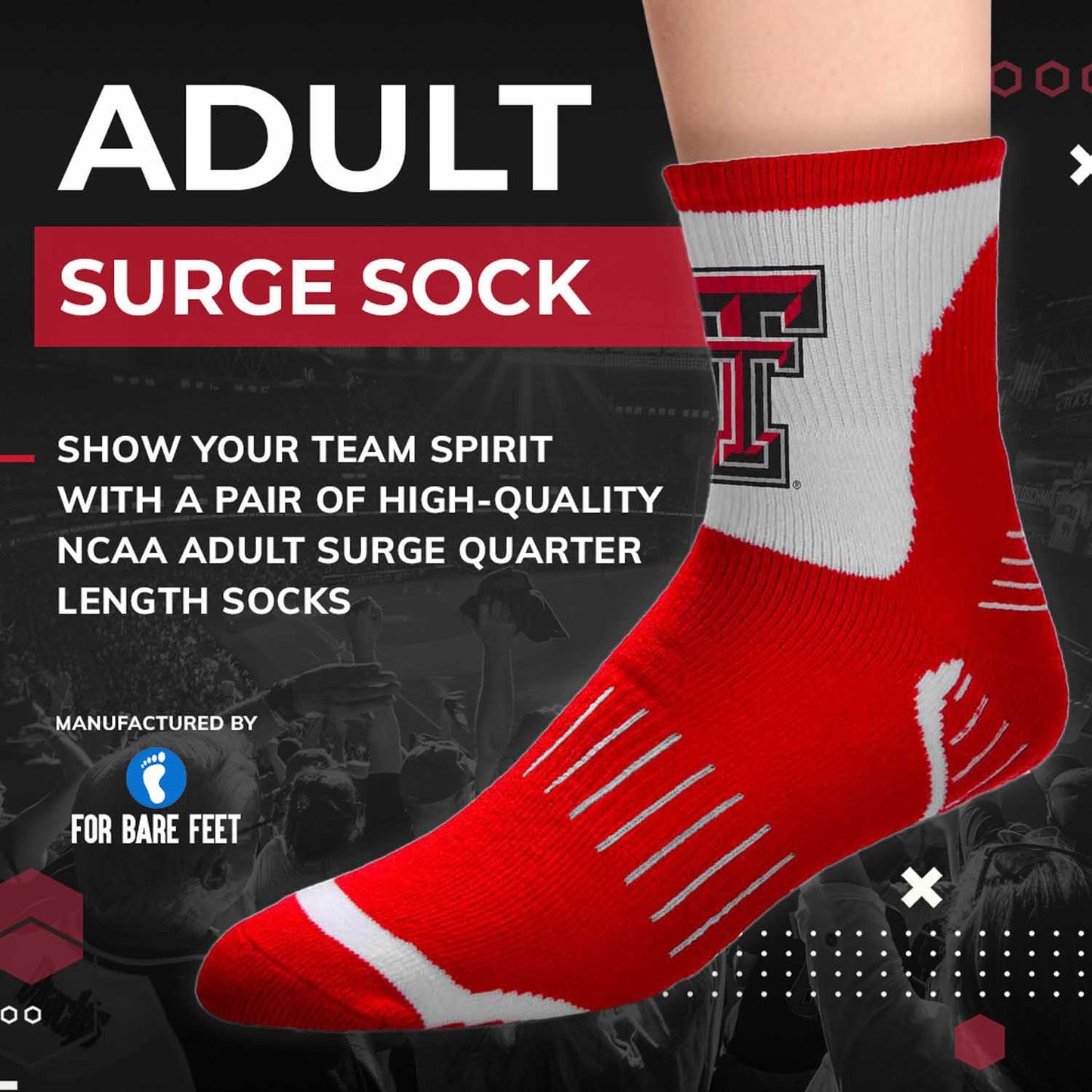Texas Tech Red Raiders Adult NCAA Surge Quarter Length Crew Socks - Red