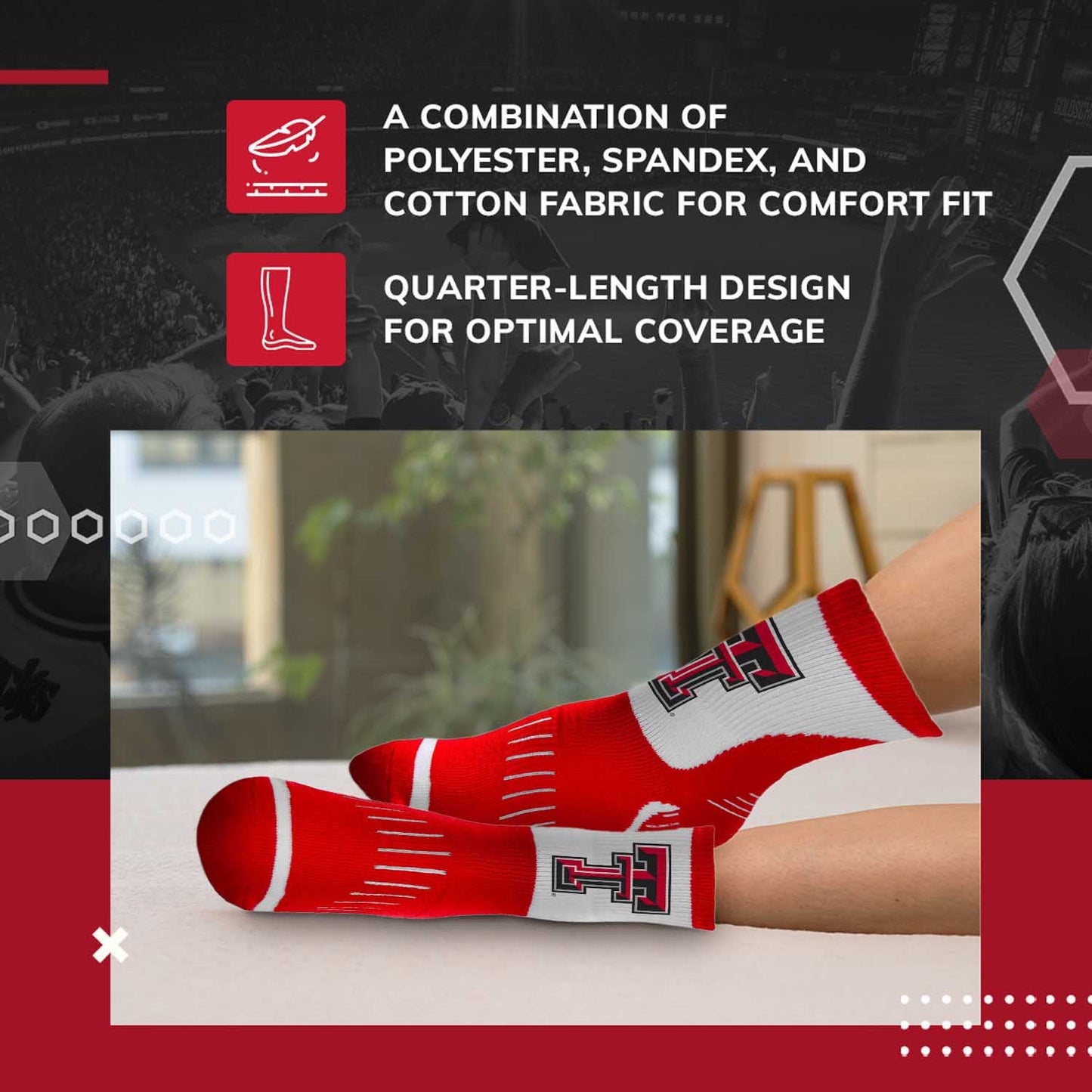 Texas Tech Red Raiders Adult NCAA Surge Quarter Length Crew Socks - Red