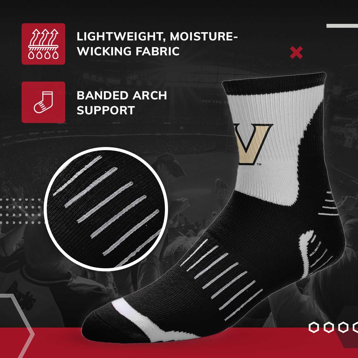 Vanderbilt Commodores Adult NCAA Surge Quarter Length Crew Socks - Black
