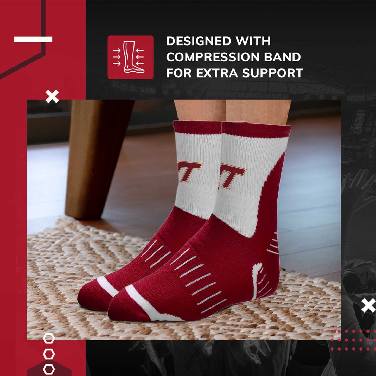 Virginia Tech Hokies Adult NCAA Surge Quarter Length Crew Socks - Maroon