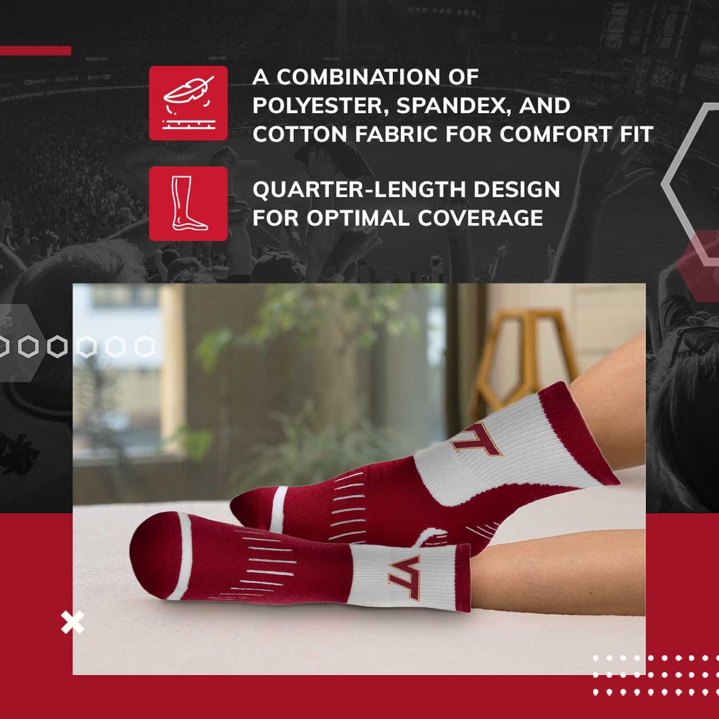 Virginia Tech Hokies Adult NCAA Surge Quarter Length Crew Socks - Maroon