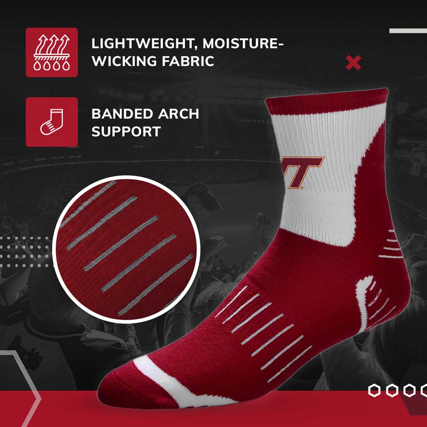 Virginia Tech Hokies Adult NCAA Surge Quarter Length Crew Socks - Maroon