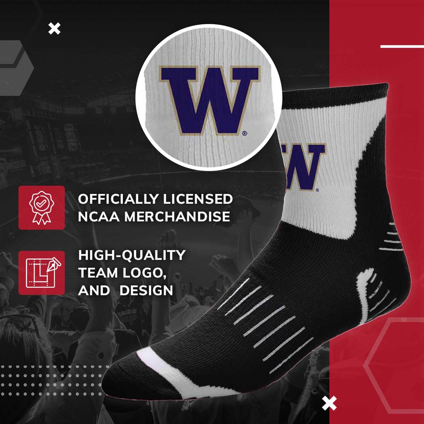 Washington Huskies NCAA Youth Surge Team Mascot Quarter Socks - Black