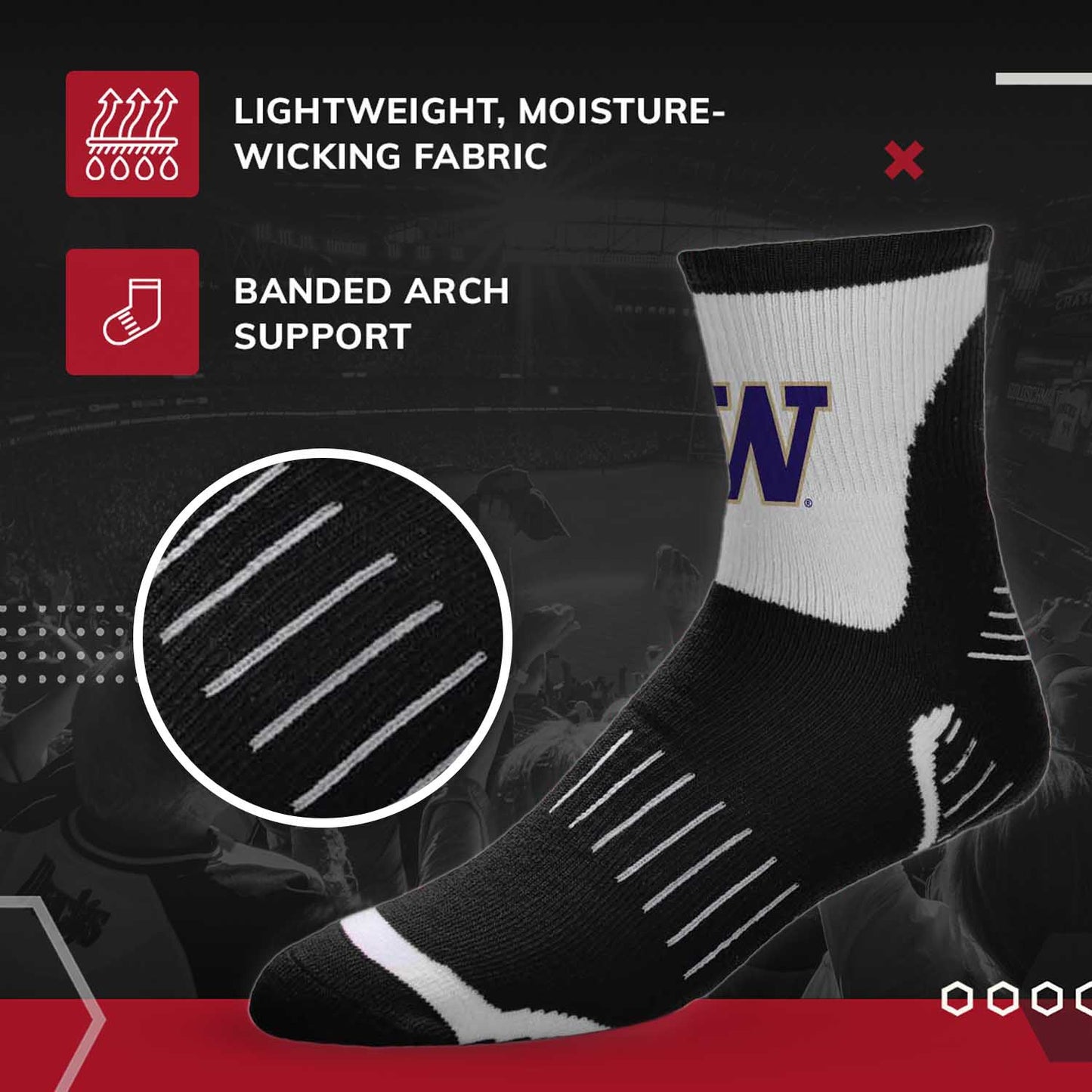 Washington Huskies Adult NCAA Surge Quarter Length Crew Socks - Black