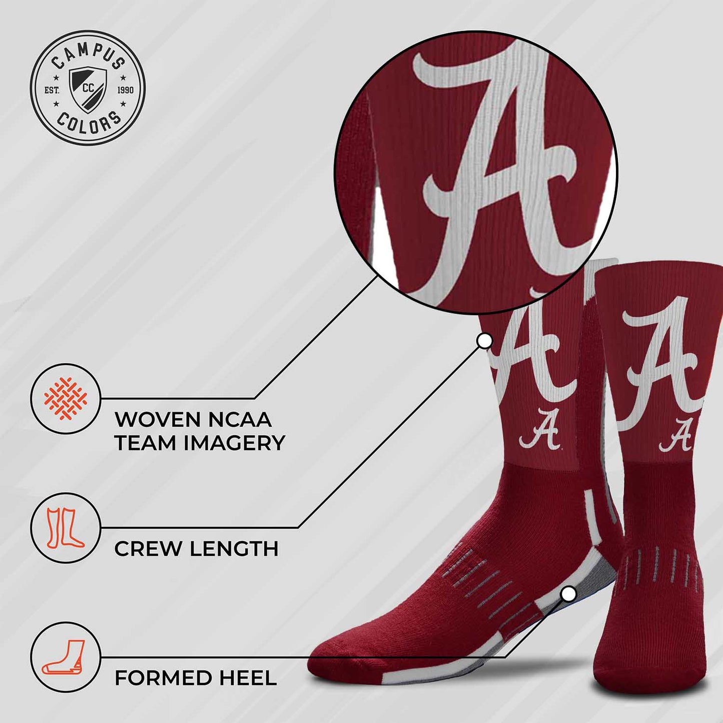 Alabama Crimson Tide NCAA Adult State and University Crew Socks - Cardinal