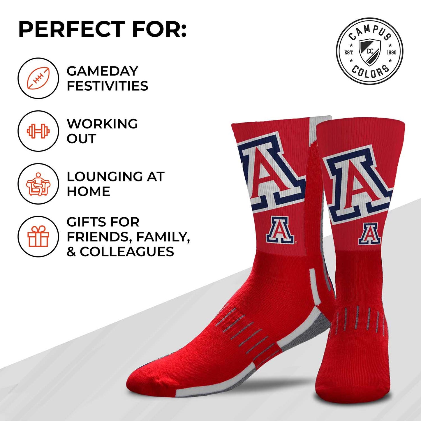Arizona Wildcats NCAA Adult State and University Crew Socks - Cardinal