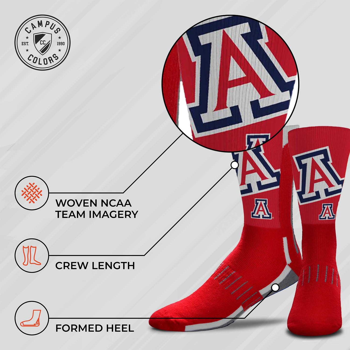 Arizona Wildcats NCAA Adult State and University Crew Socks - Cardinal