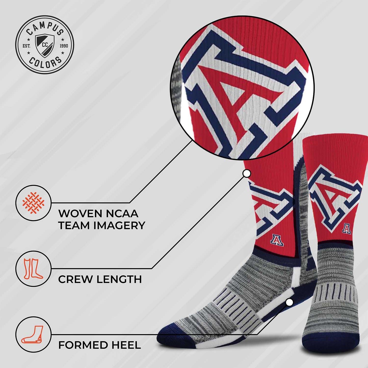 Arizona Wildcats NCAA Adult State and University Crew Socks - Red