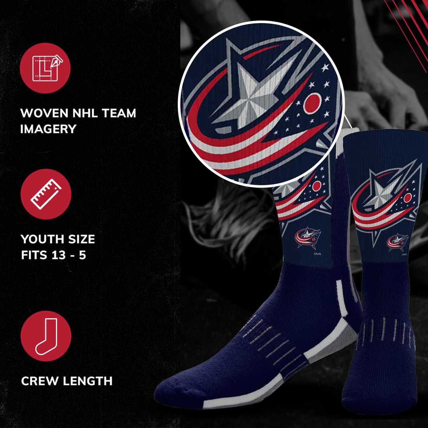 Columbus Blue Jackets Adult NHL Zoom Curve Team Crew Socks - Navy