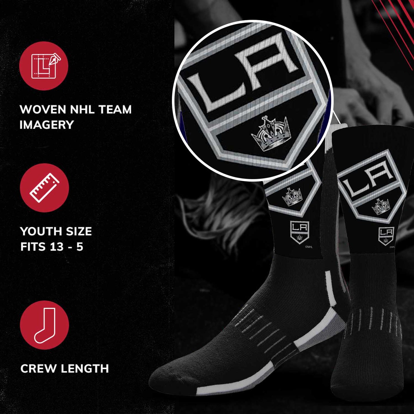 Los Angeles Kings Youth NHL Zoom Curve Team Crew Socks - Black