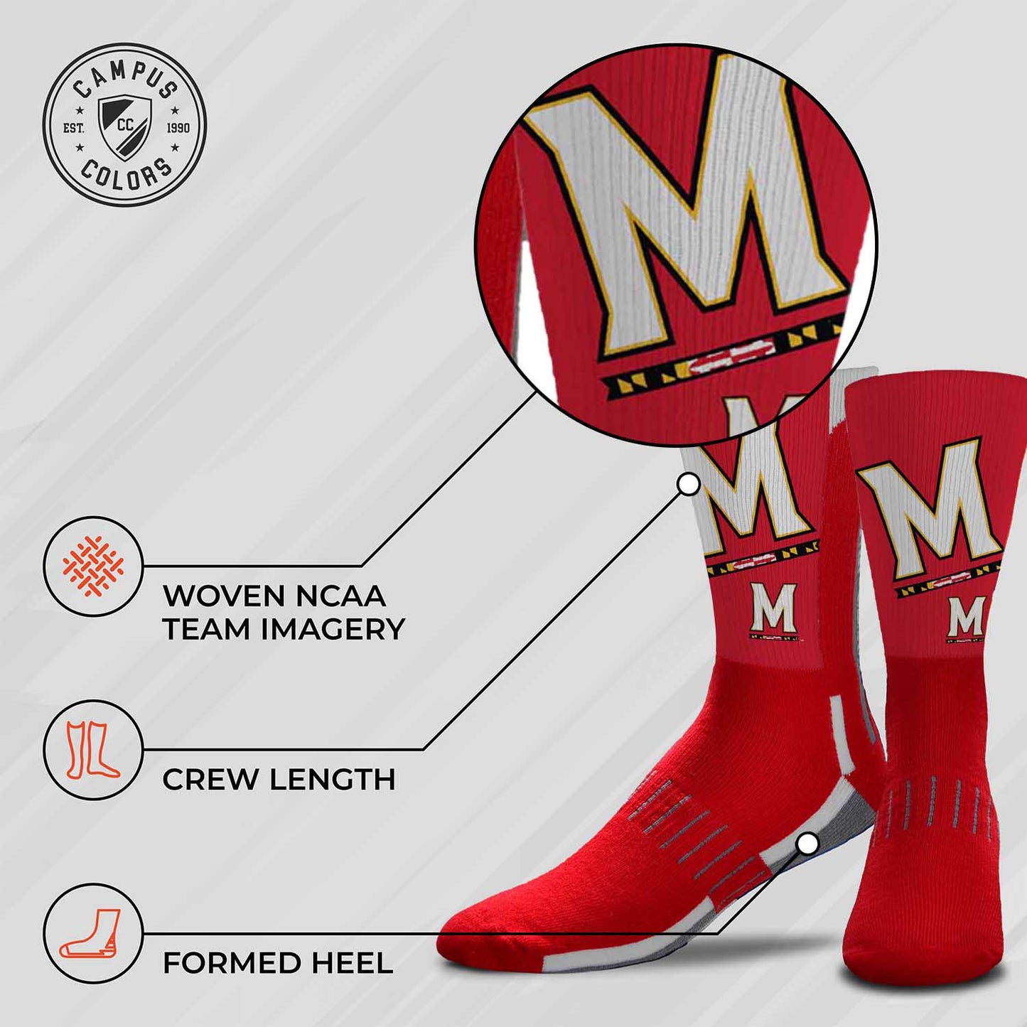 Maryland Terrapins NCAA Adult State and University Crew Socks - Cardinal