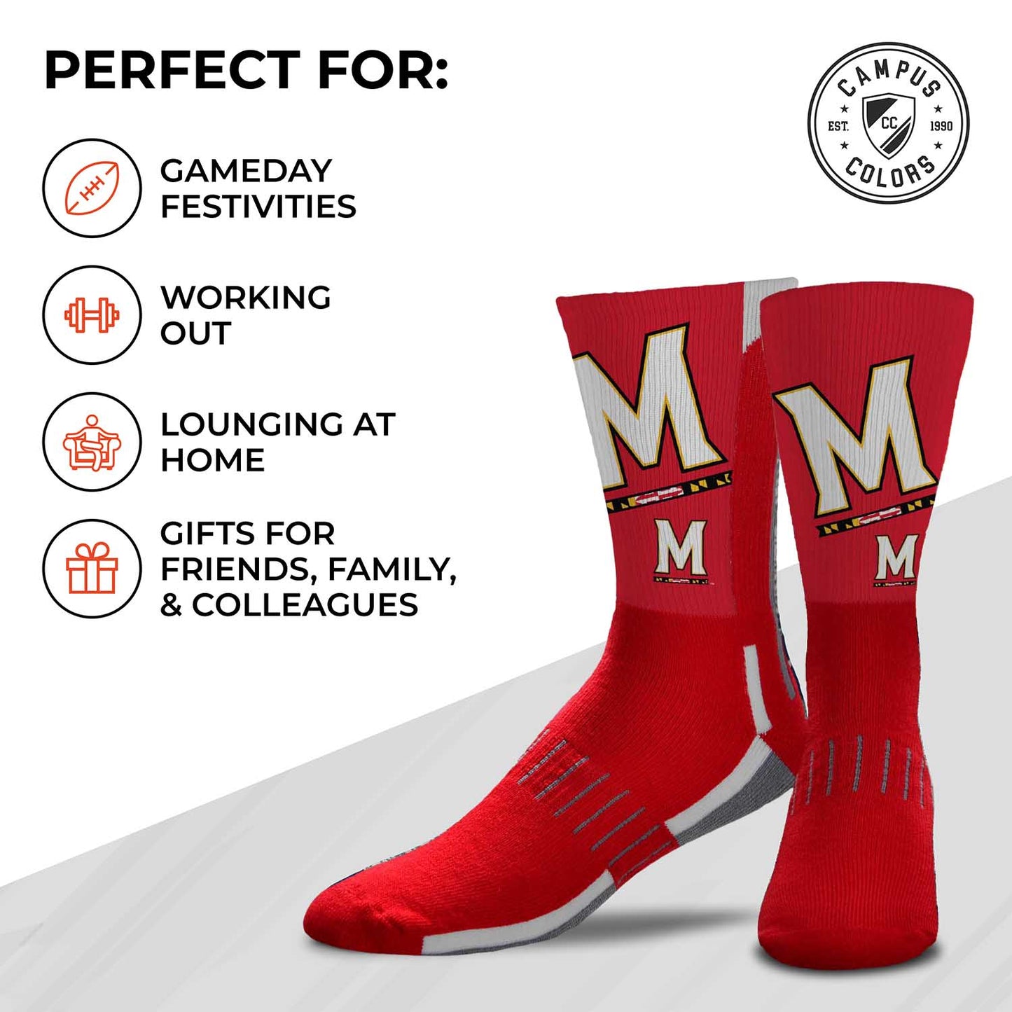 Maryland Terrapins NCAA Adult State and University Crew Socks - Cardinal