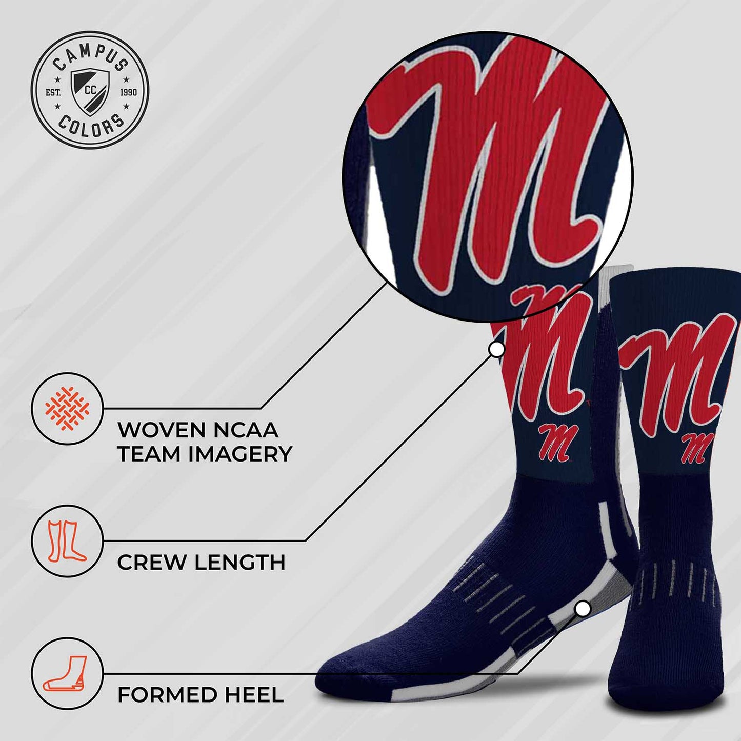 Ole Miss Rebels NCAA Adult State and University Crew Socks - Indigo/Navy