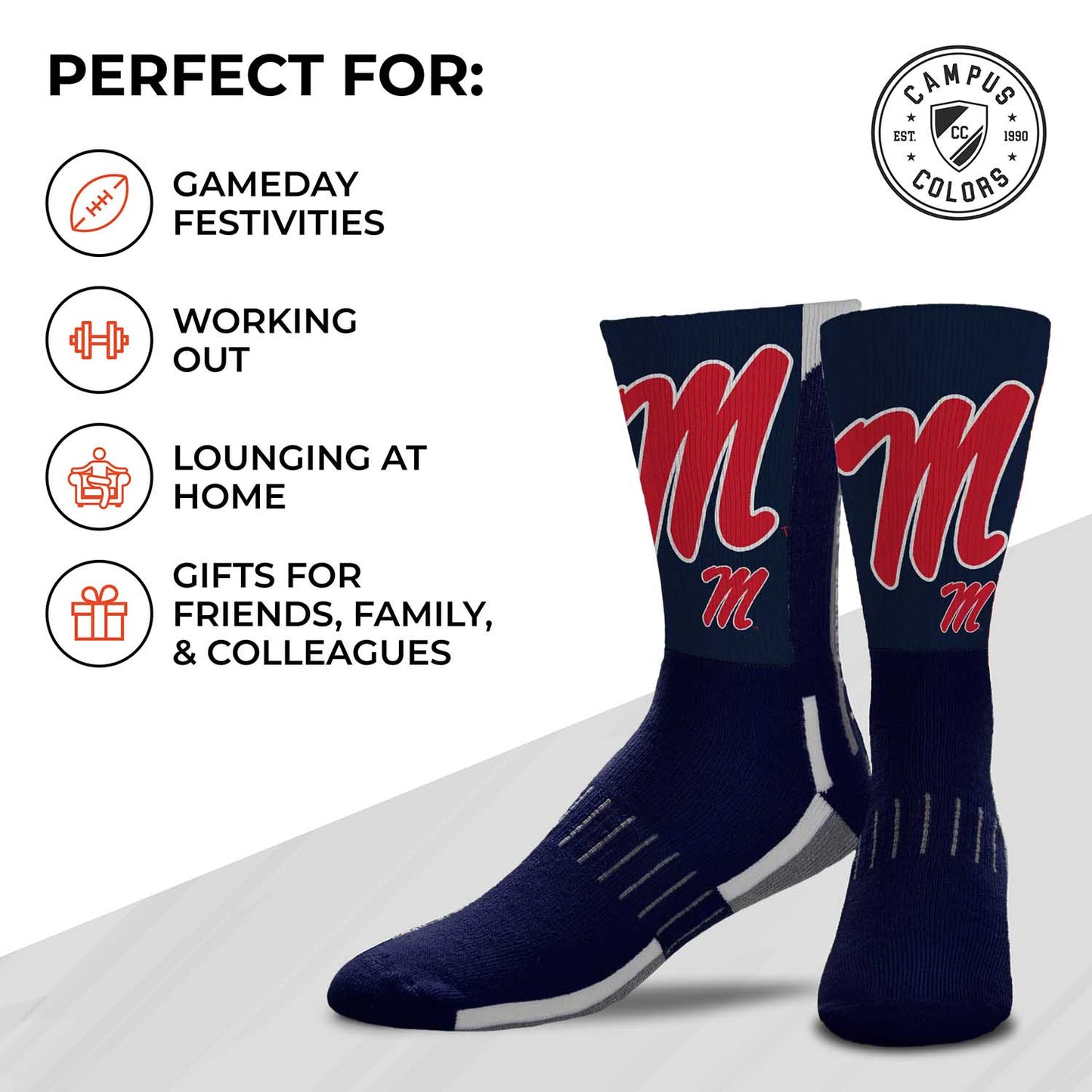 Ole Miss Rebels NCAA Adult State and University Crew Socks - Indigo/Navy