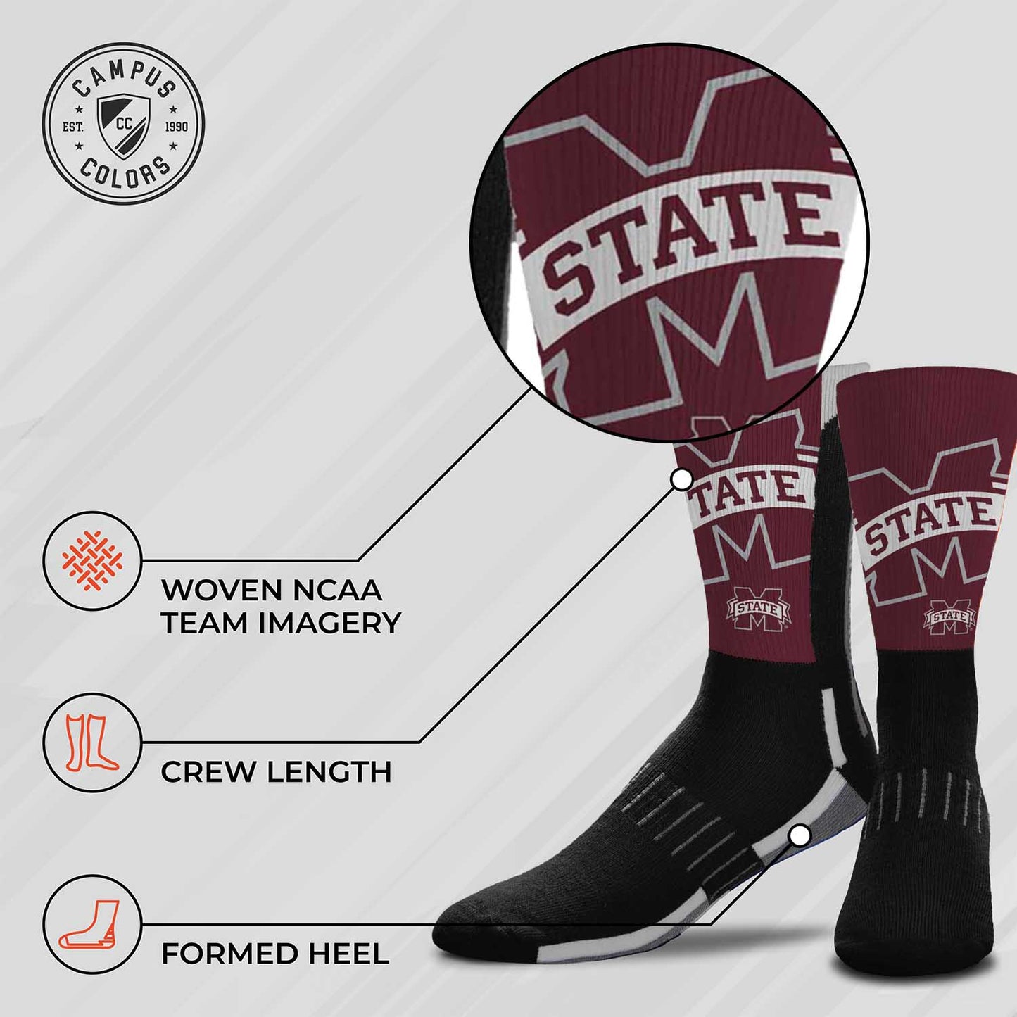 Mississippi State Bulldogs NCAA Adult State and University Crew Socks - Black