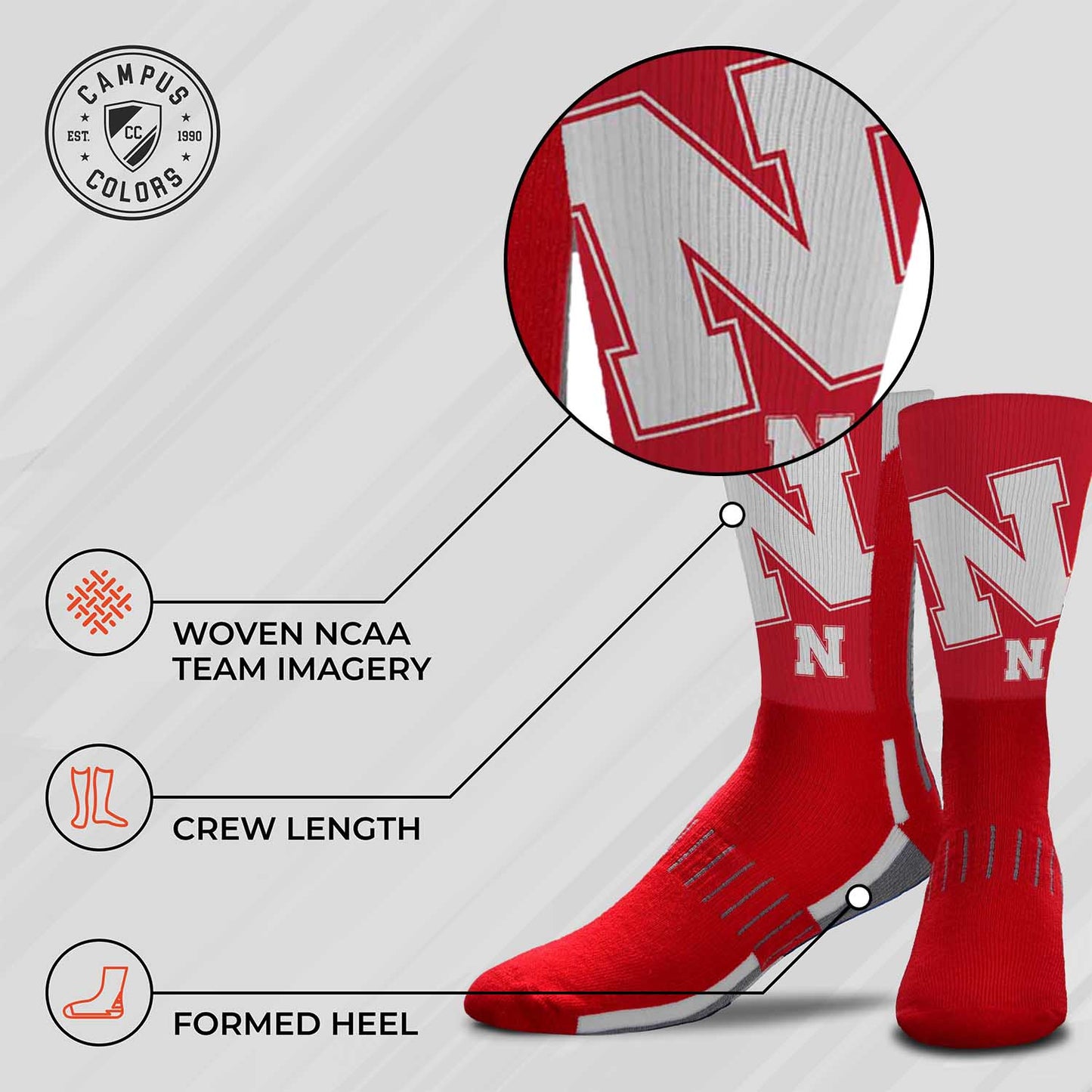 Nebraska Cornhuskers NCAA Adult State and University Crew Socks - Cardinal
