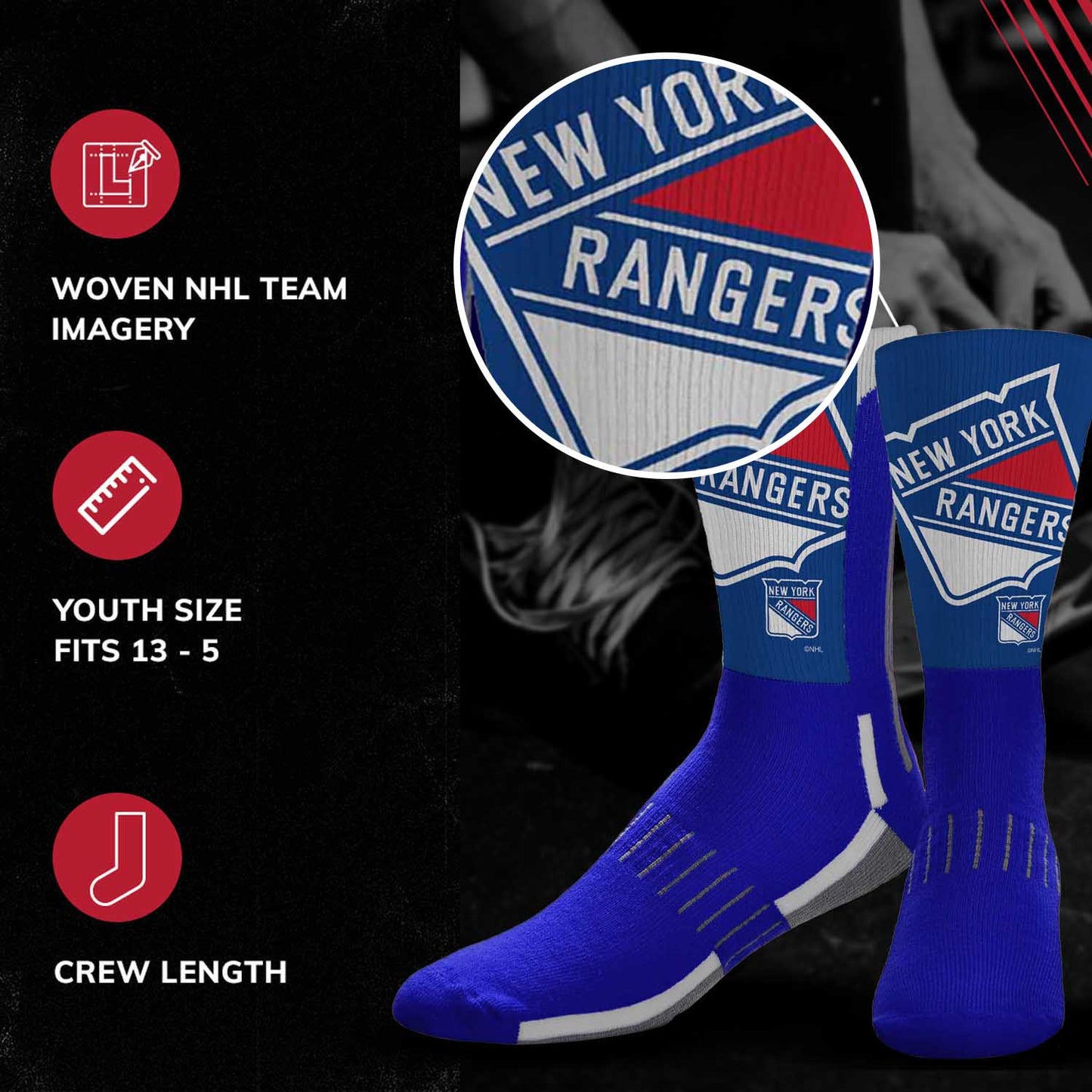 New York Rangers Adult NHL Zoom Curve Team Crew Socks - Royal