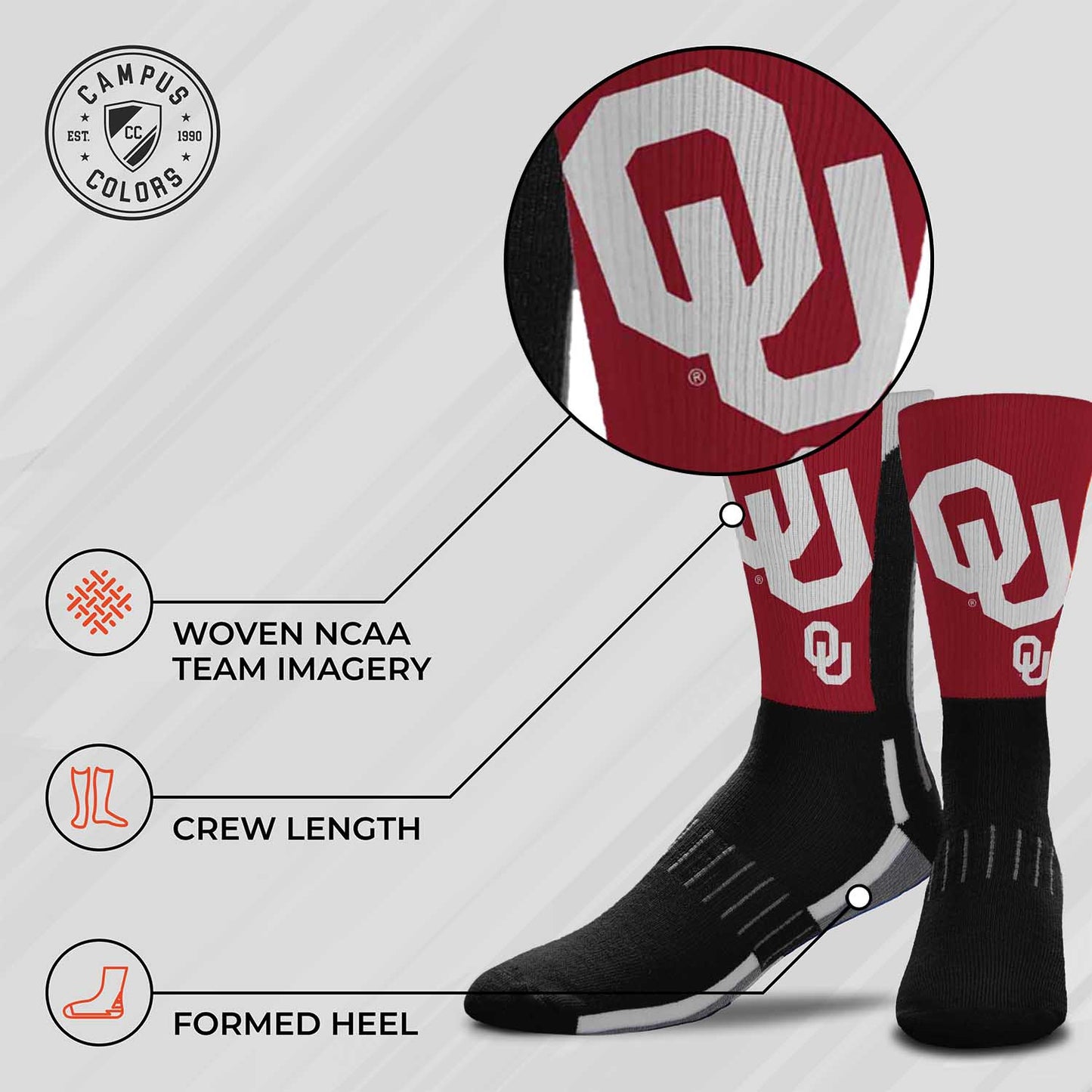Oklahoma Sooners NCAA Adult State and University Crew Socks - Black