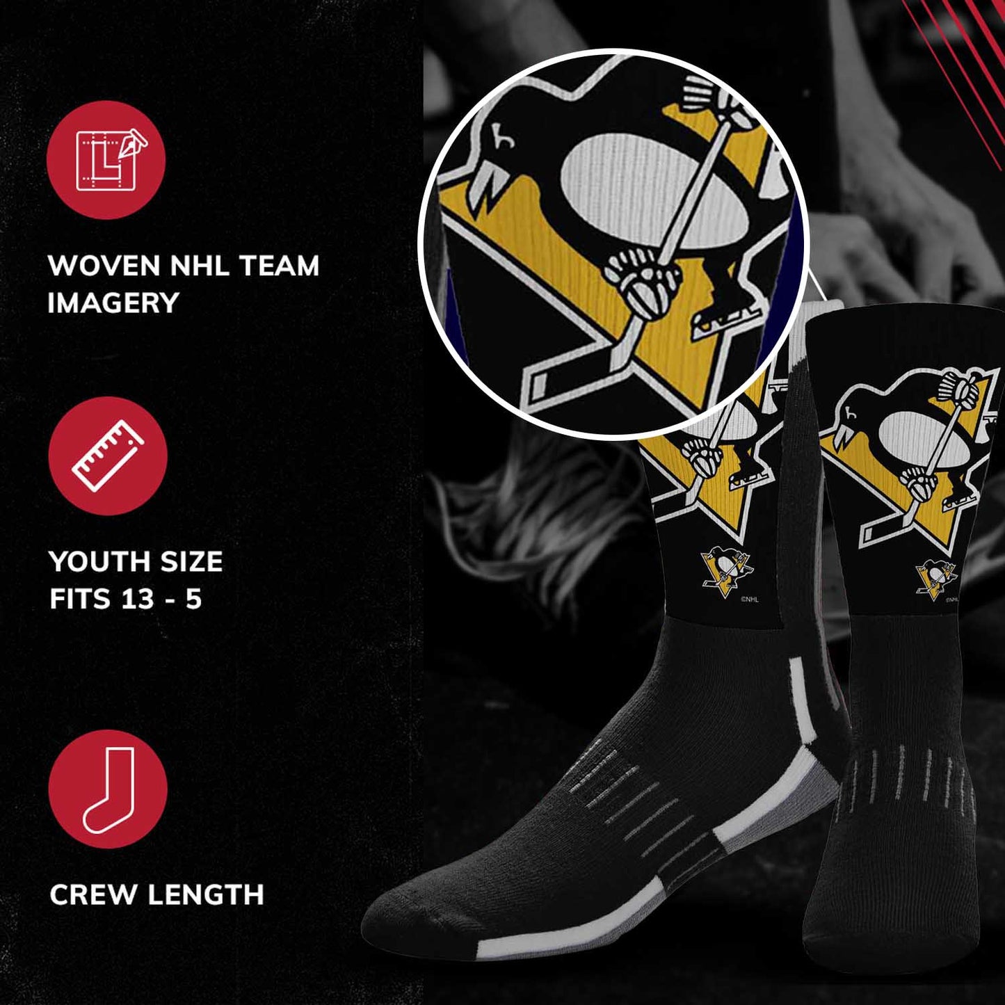 Pittsburgh Penguins Youth NHL Zoom Curve Team Crew Socks - Black