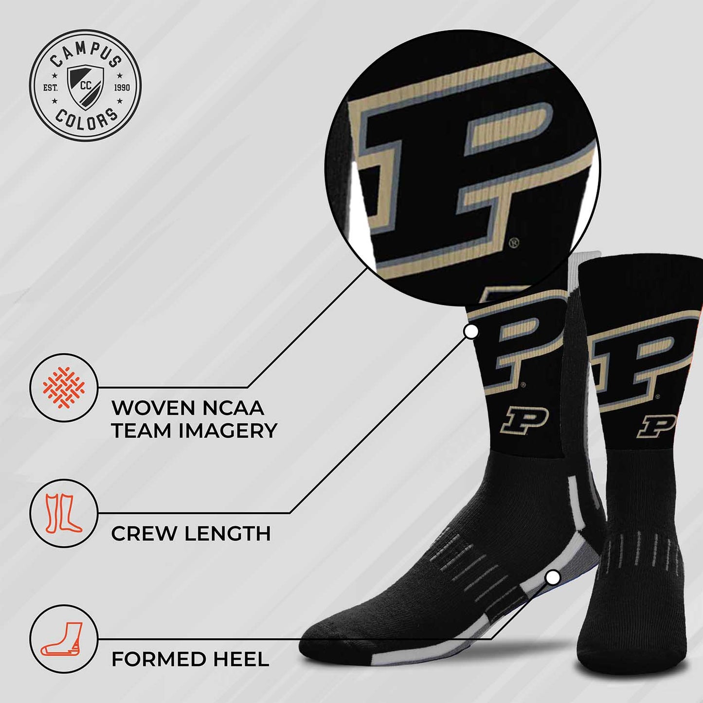Purdue Boilermakers NCAA Adult State and University Crew Socks - Charcoal
