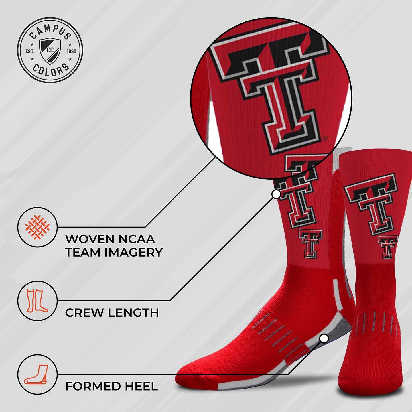 Texas Tech Red Raiders NCAA Adult State and University Crew Socks - Cardinal