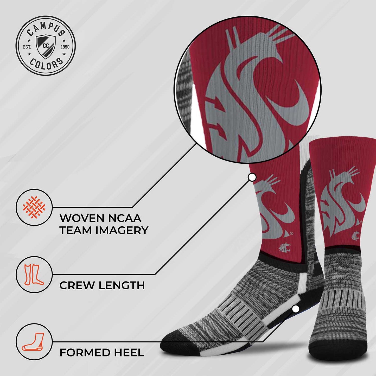 Washington State Cougars NCAA Adult State and University Crew Socks - Maroon