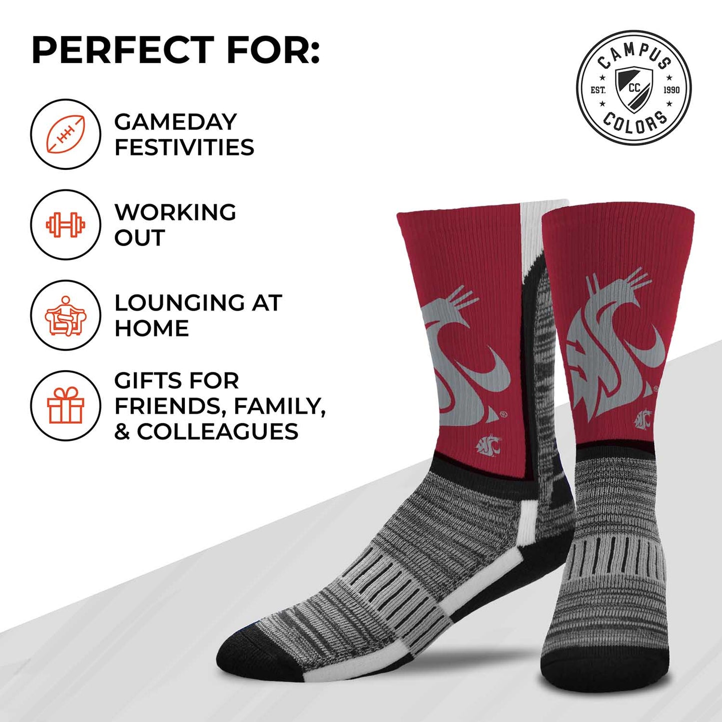 Washington State Cougars NCAA Adult State and University Crew Socks - Maroon
