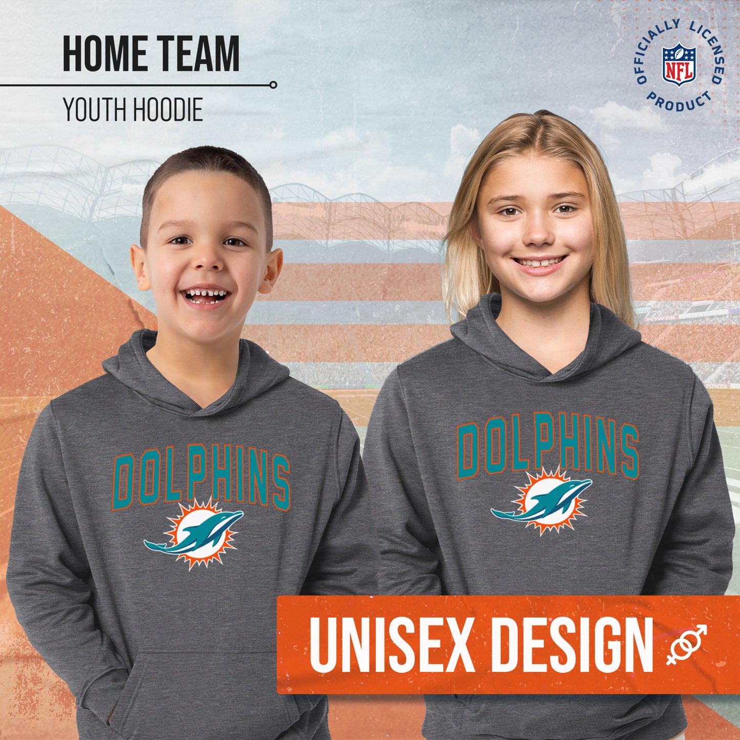 Miami Dolphins NFL Youth Home Team Hoodie- Kids Hooded Sweatshirt - Sport Gray