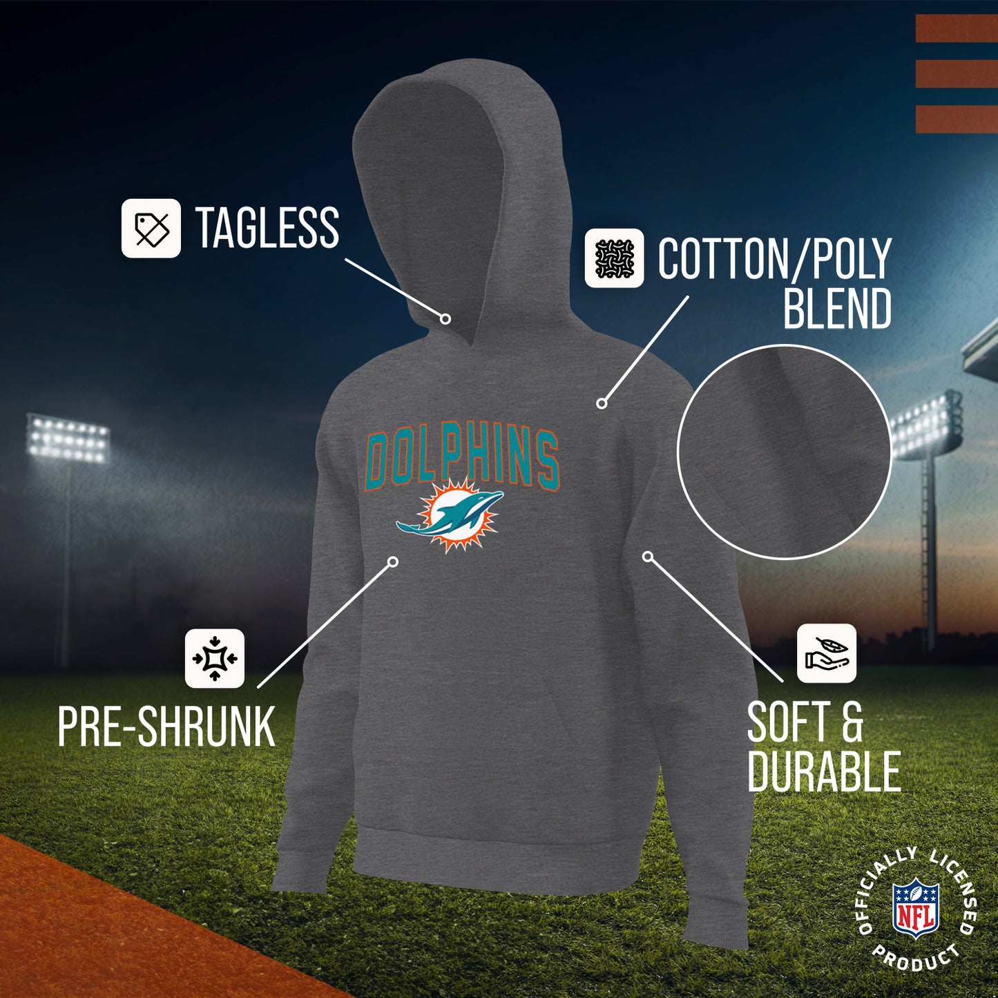 Miami Dolphins NFL Youth Home Team Hoodie- Kids Hooded Sweatshirt - Sport Gray