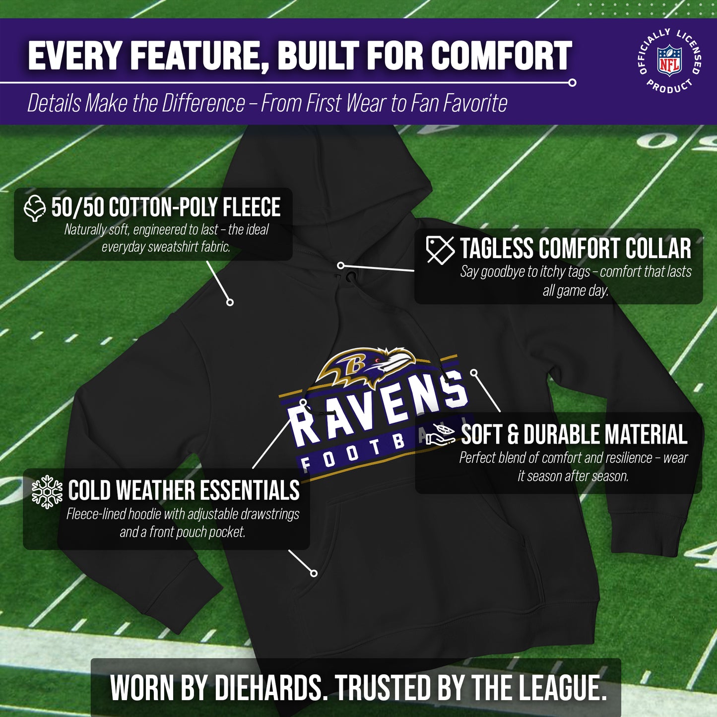 Baltimore Ravens NFL Adult True Fan Hooded Charcoal Sweatshirt - Charcoal