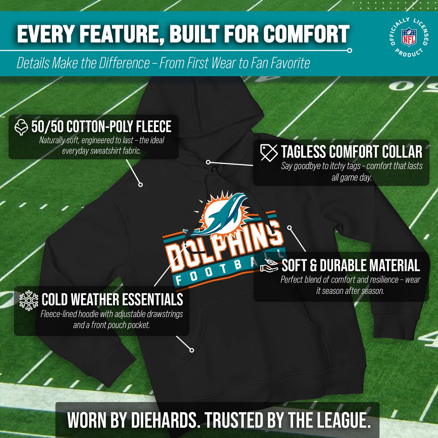 Miami Dolphins NFL Adult True Fan Hooded Charcoal Sweatshirt - Charcoal