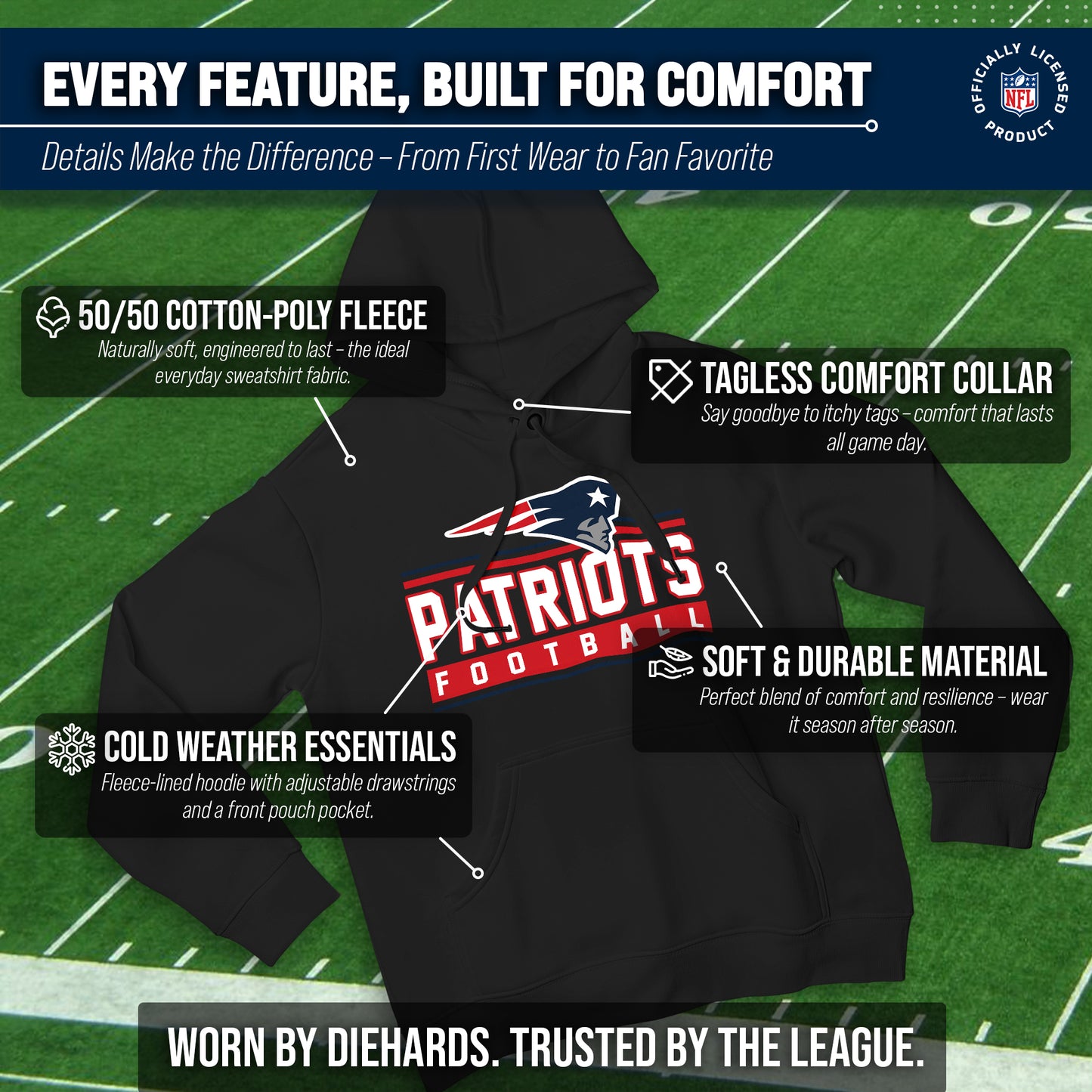 New England Patriots NFL Adult True Fan Hooded Charcoal Sweatshirt - Charcoal