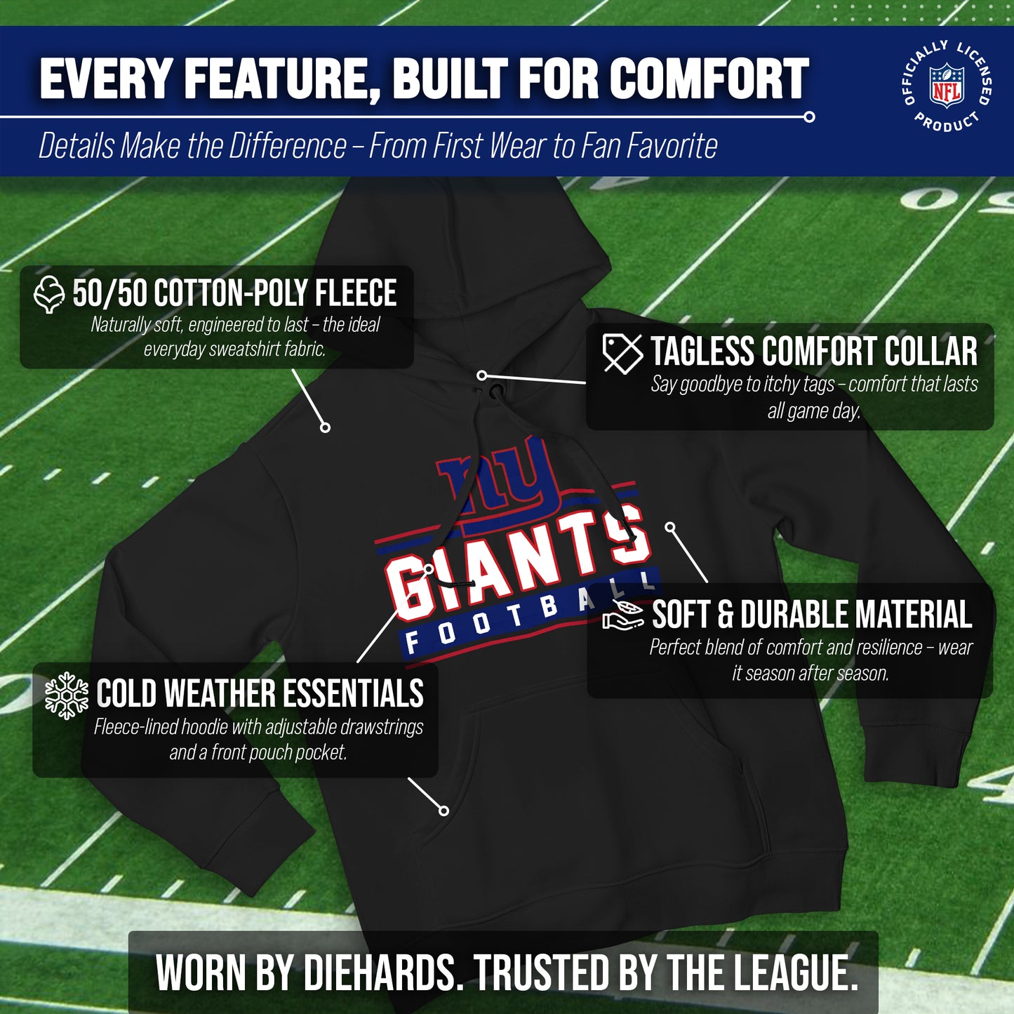 New York Giants NFL Adult True Fan Hooded Charcoal Sweatshirt - Charcoal