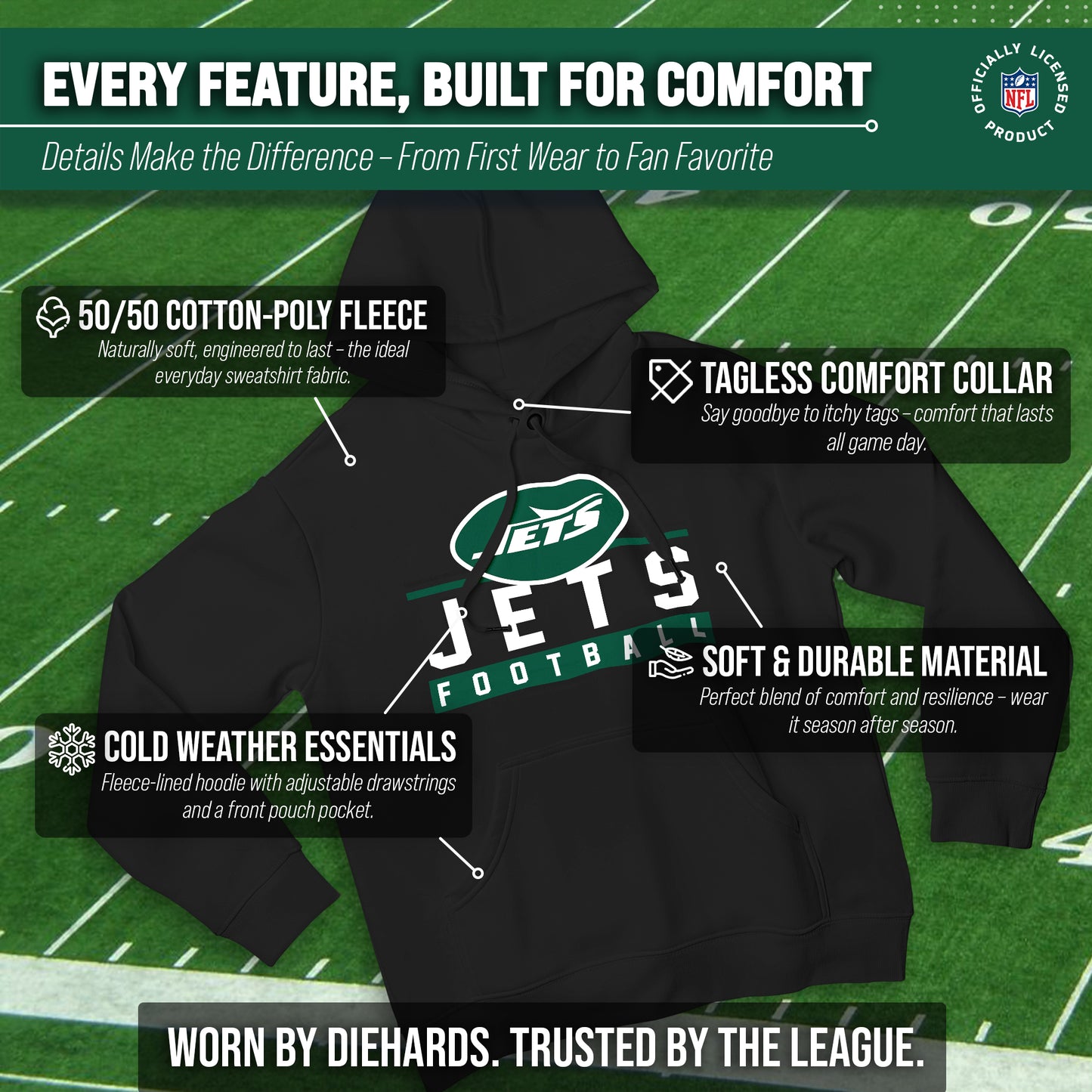 New York Jets NFL Adult True Fan Hooded Charcoal Sweatshirt - Charcoal