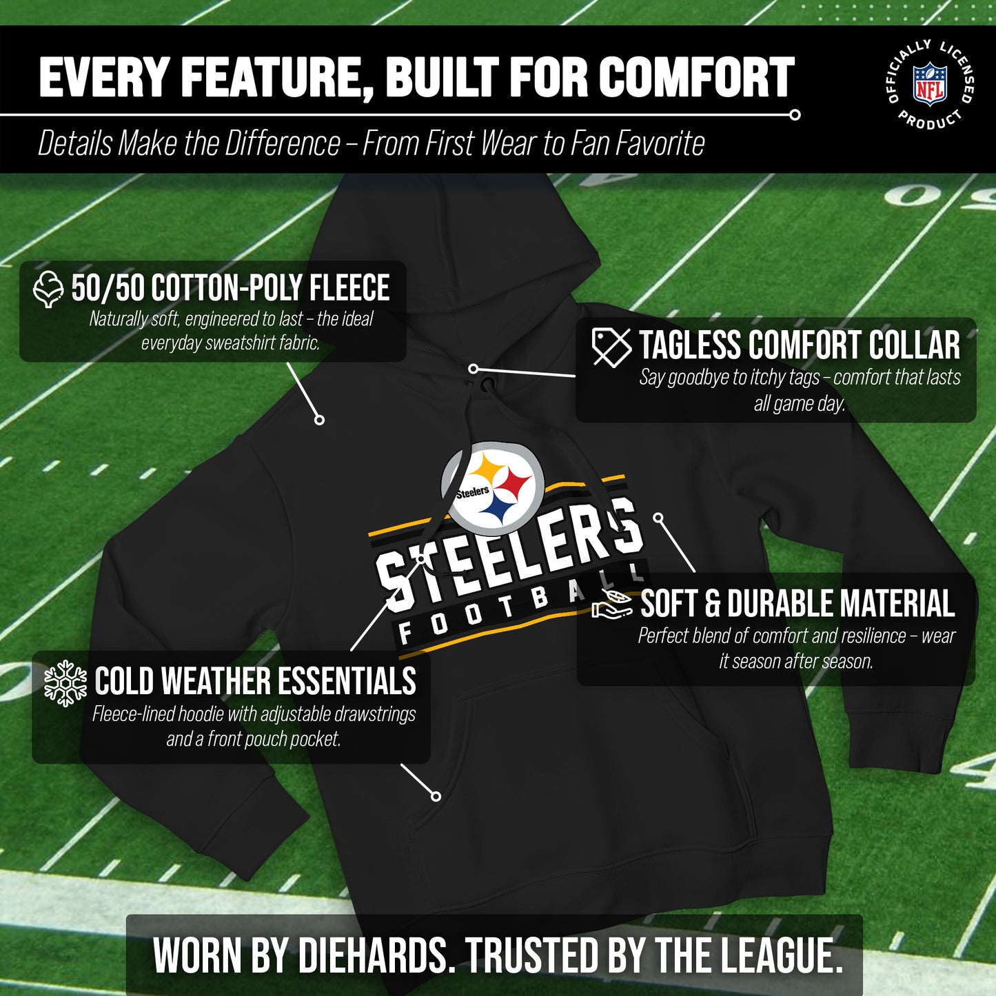 Pittsburgh Steelers NFL Adult True Fan Hooded Charcoal Sweatshirt - Charcoal