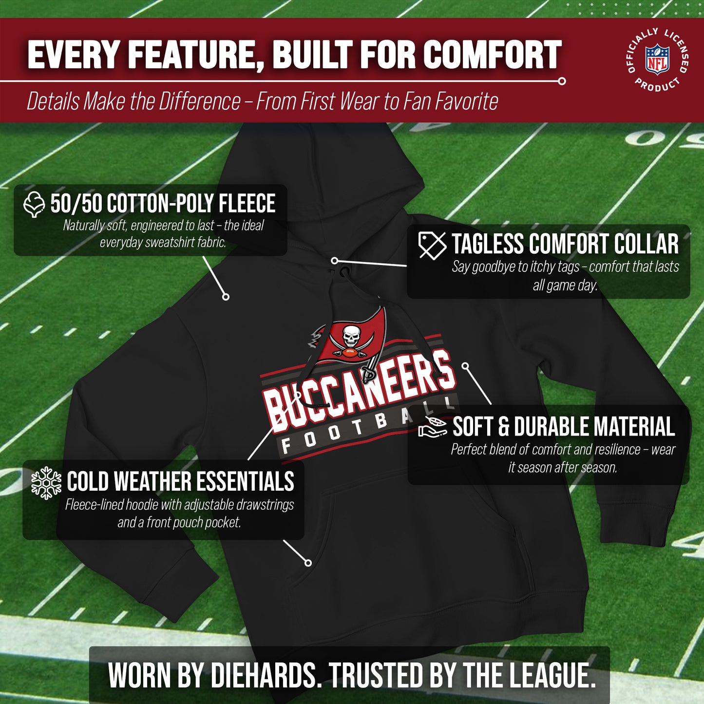 Tampa Bay Buccaneers NFL Adult True Fan Hooded Charcoal Sweatshirt - Charcoal