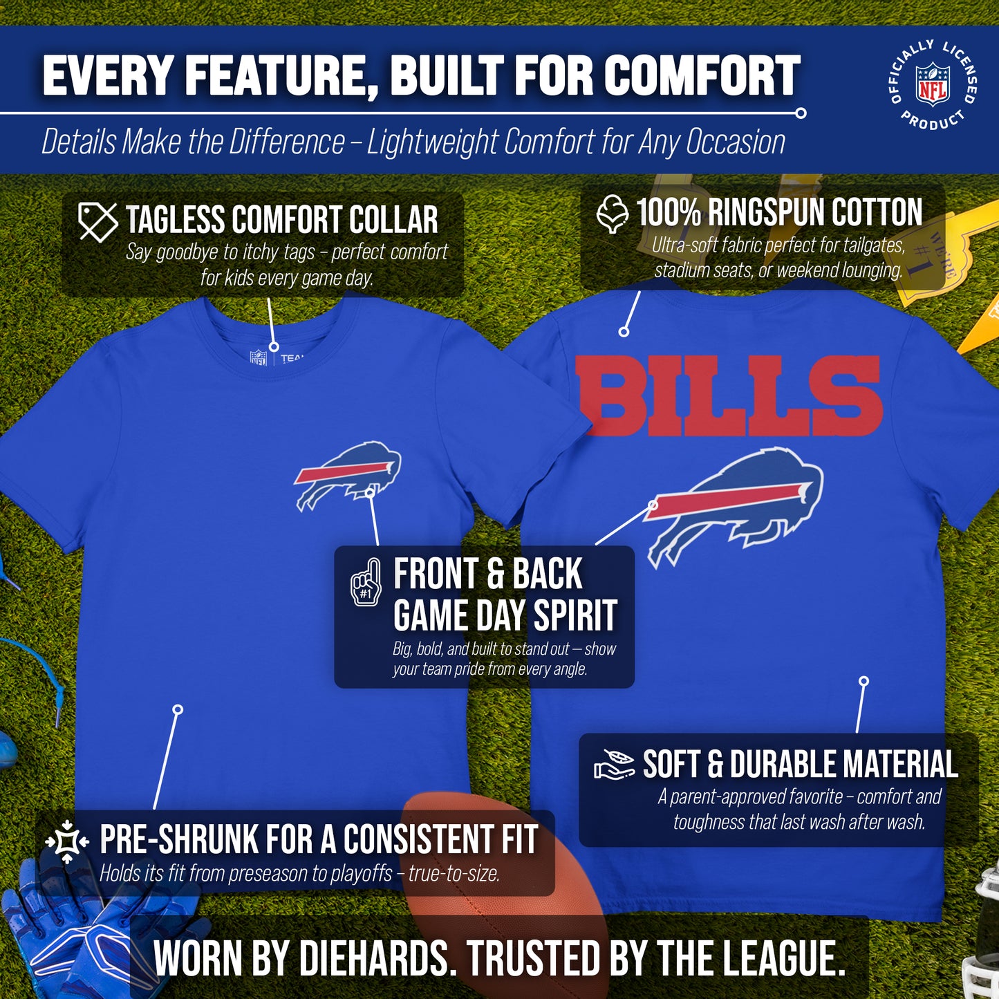 Buffalo Bills Team Fan Apparel NFL Youth Final Countdown Tee- Pro Football T-Shirt For Boys & Girls - Royal