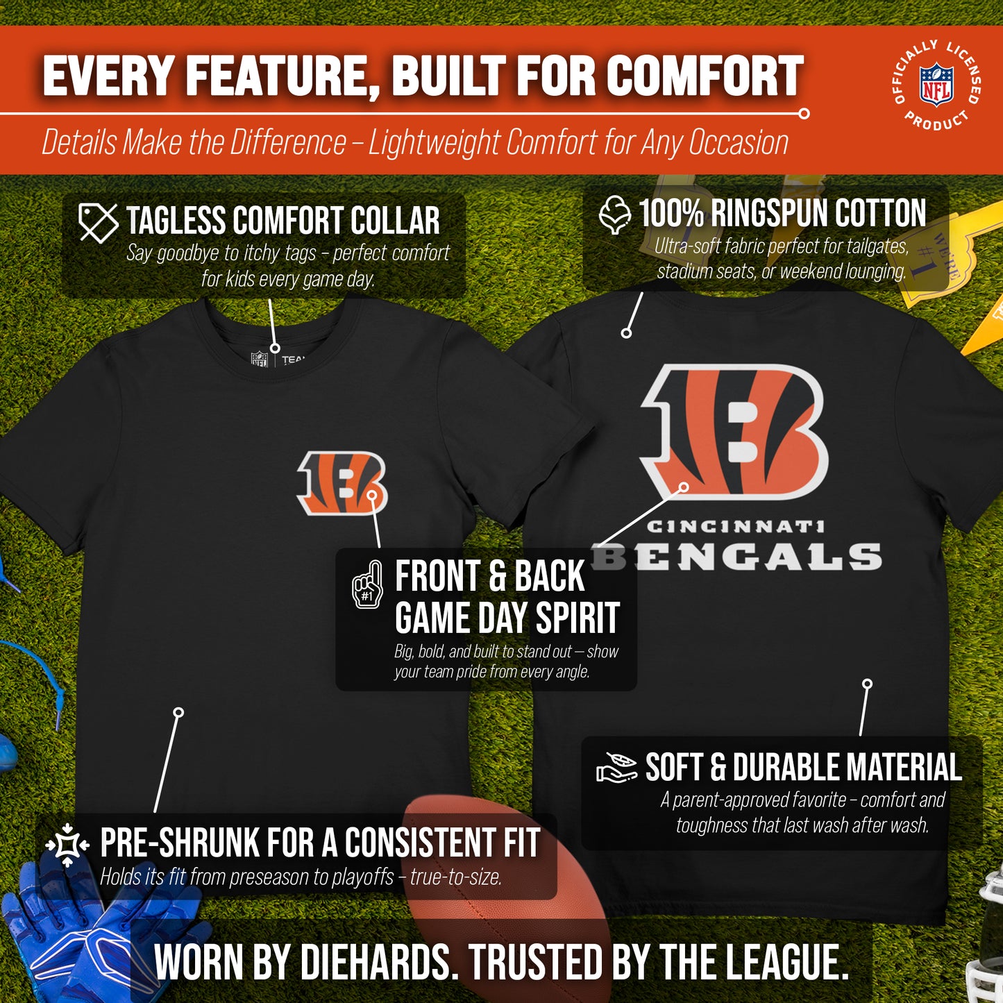 Cincinnati Bengals Team Fan Apparel NFL Youth Final Countdown Tee- Pro Football T-Shirt For Boys & Girls - Black