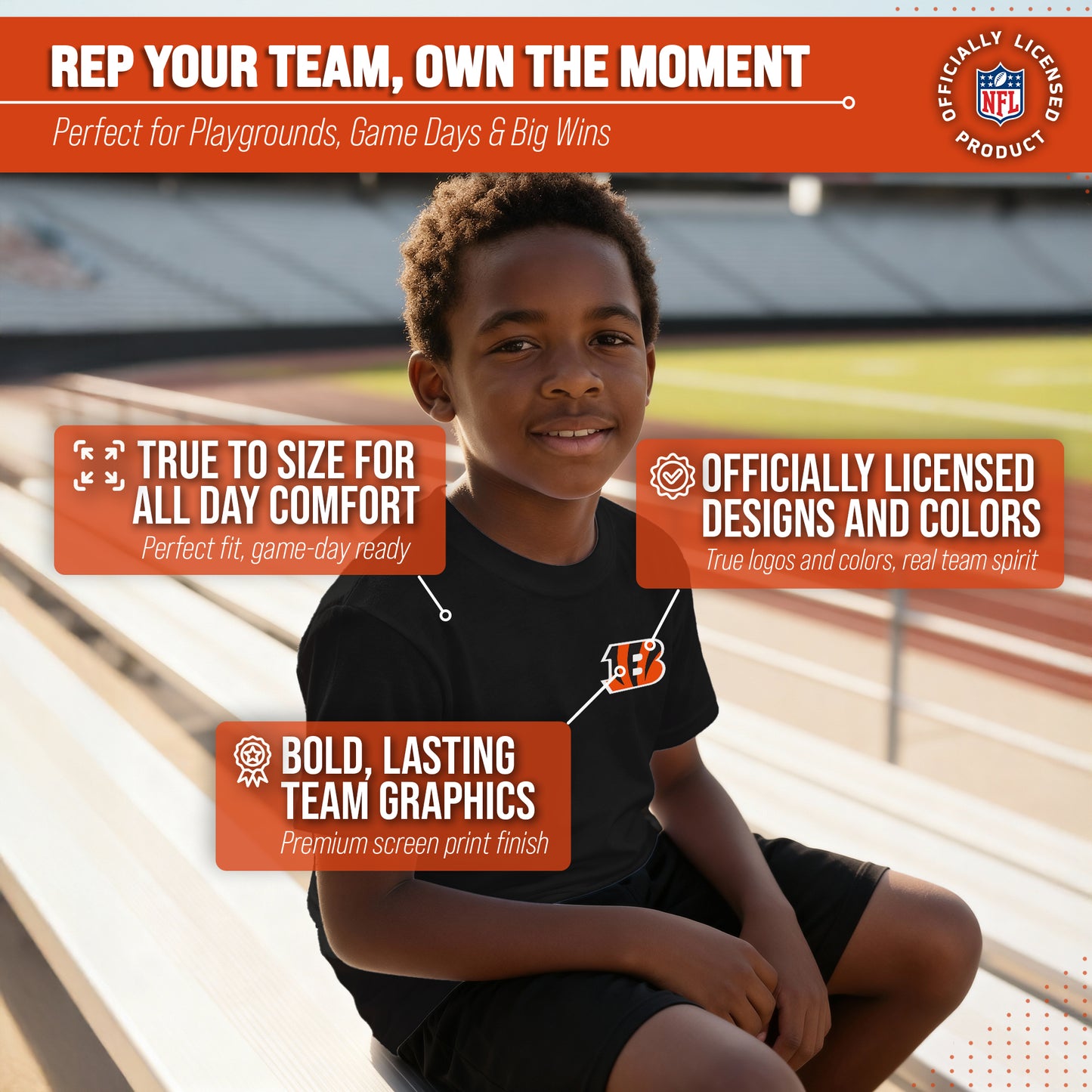 Cincinnati Bengals Team Fan Apparel NFL Youth Final Countdown Tee- Pro Football T-Shirt For Boys & Girls - Black