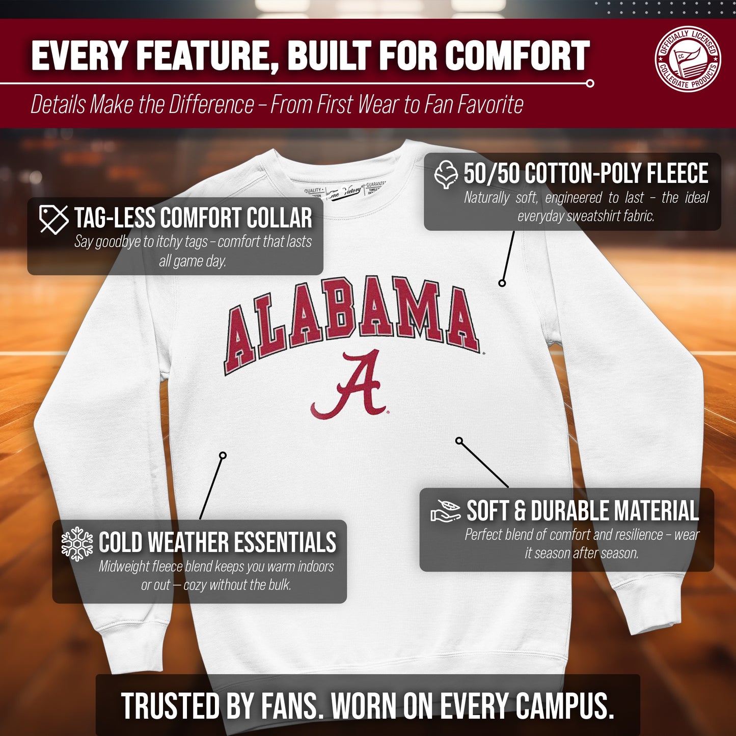 Alabama Crimson Tide Adult Arch & Logo Soft Style Gameday Crewneck Sweatshirt - White