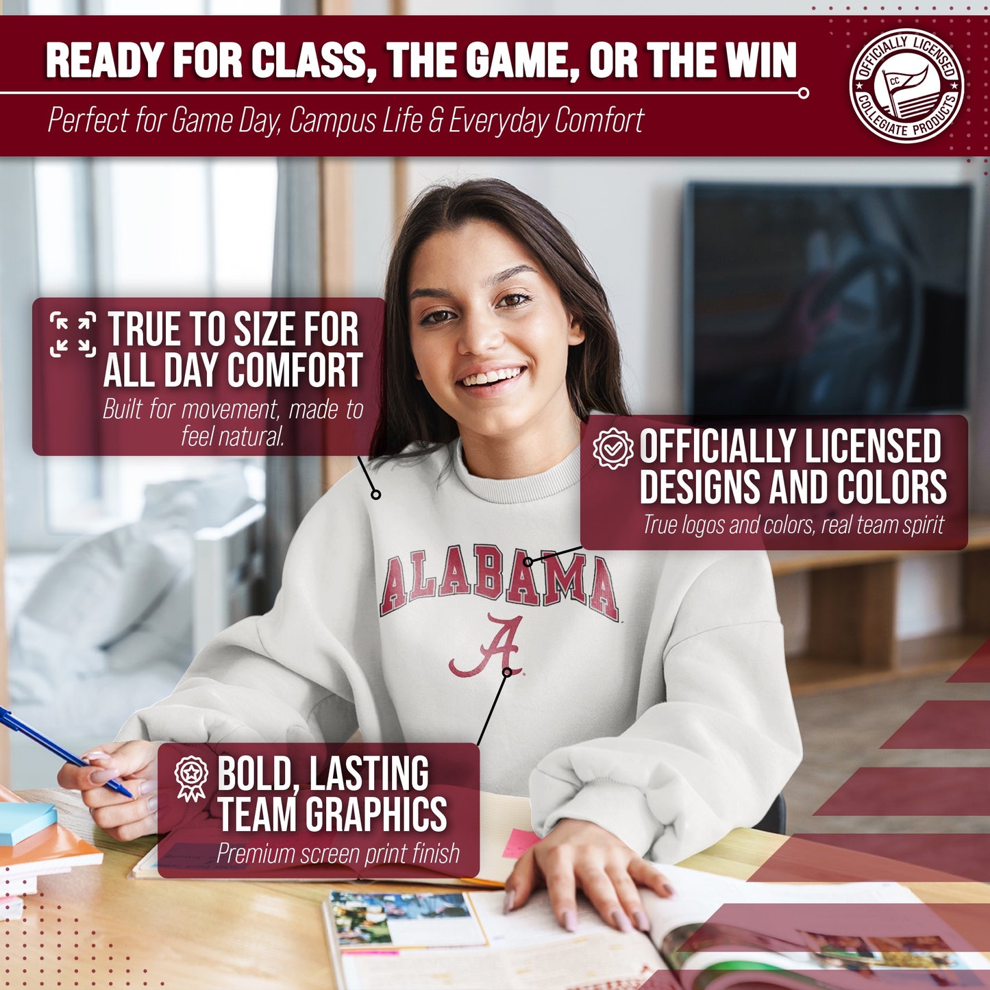 Alabama Crimson Tide Adult Arch & Logo Soft Style Gameday Crewneck Sweatshirt - White