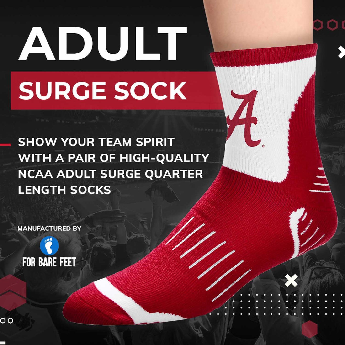 Alabama Crimson Tide Adult NCAA Surge Quarter Length Crew Socks - Crimson