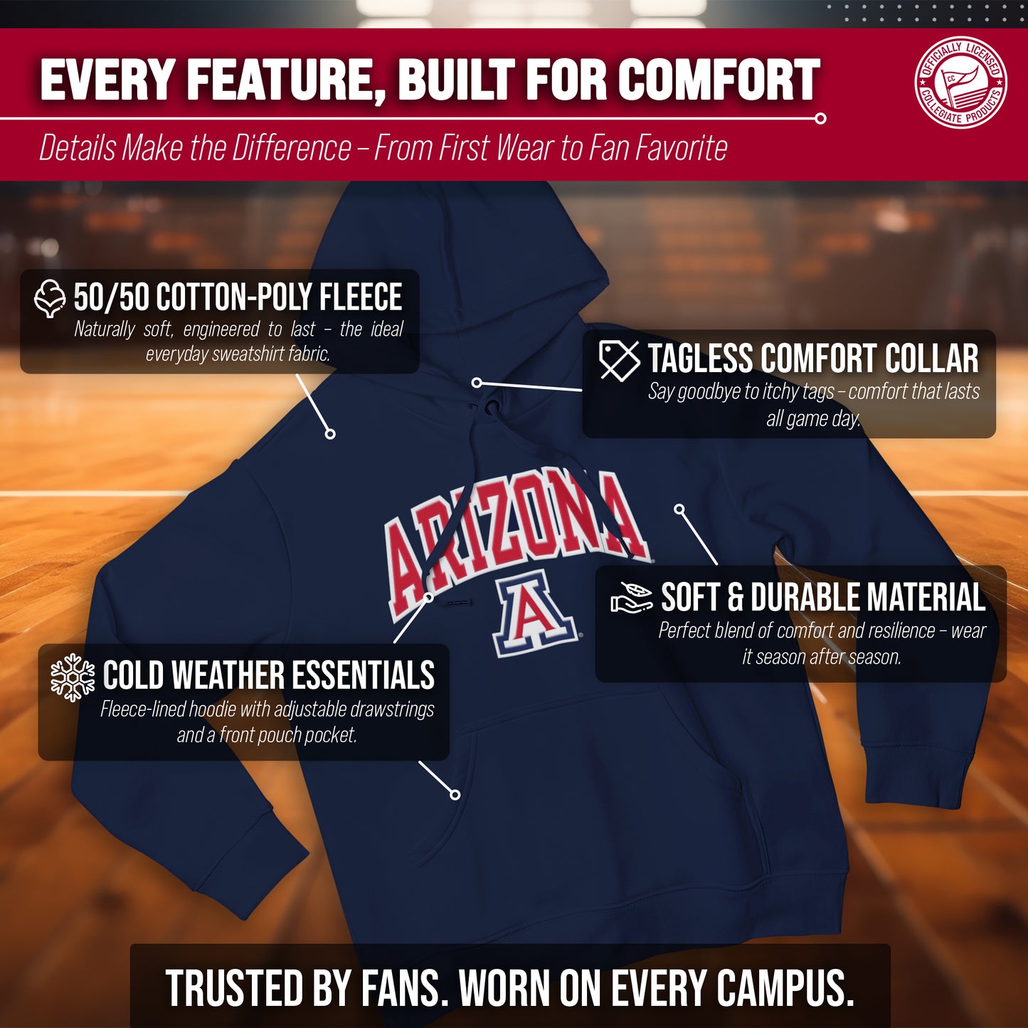 Arizona Wildcats NCAA Adult Tackle Twill Hooded Sweatshirt - Navy