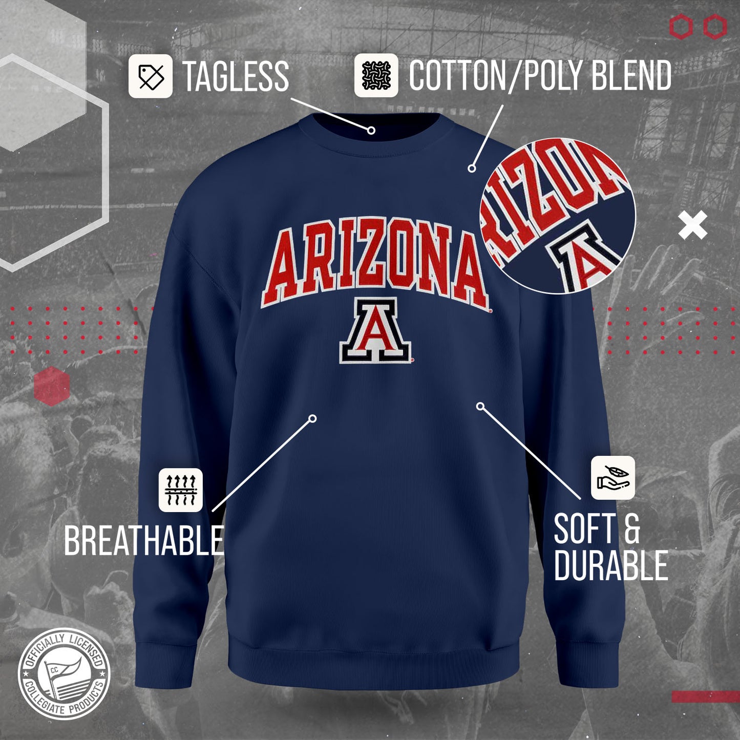 Arizona Wildcats NCAA Adult Tackle Twill Crewneck Sweatshirt - Navy