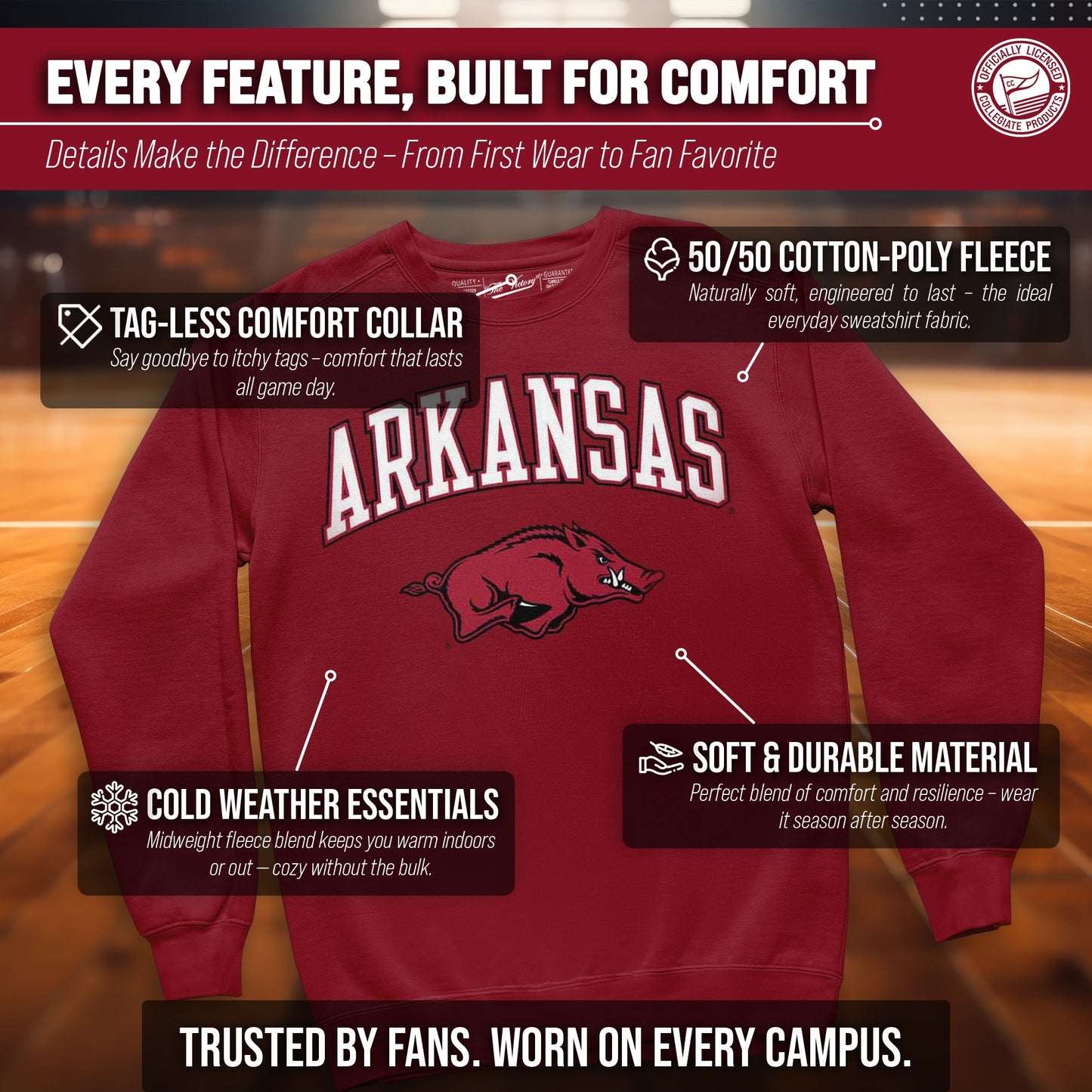 Arkansas Razorbacks Adult Arch & Logo Soft Style Gameday Crewneck Sweatshirt - Cardinal
