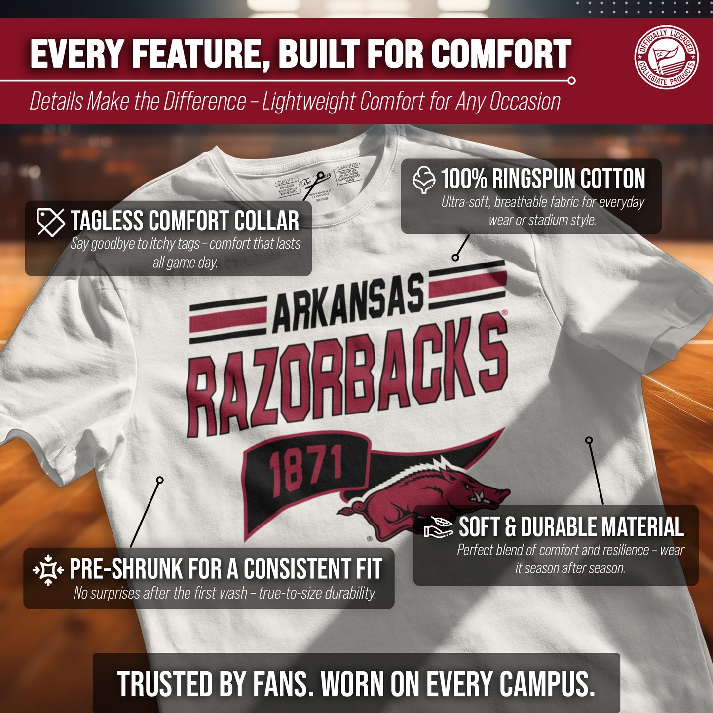 Arkansas Razorbacks NCAA Adult Unisex Varsity Club Pennant T-Shirt Tag-Less - Off White