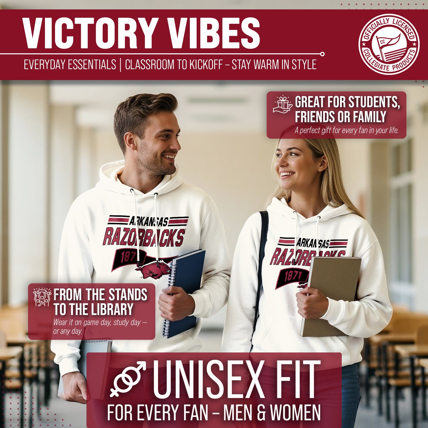 Arkansas Razorbacks NCAA Adult Unisex Varsity Club Pennant Hooded Fleece Sweatshirt - Off White